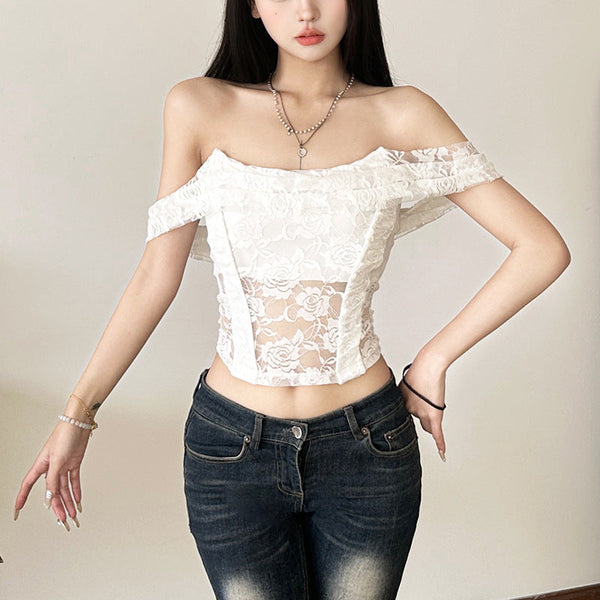 Off shoulder lace backless top