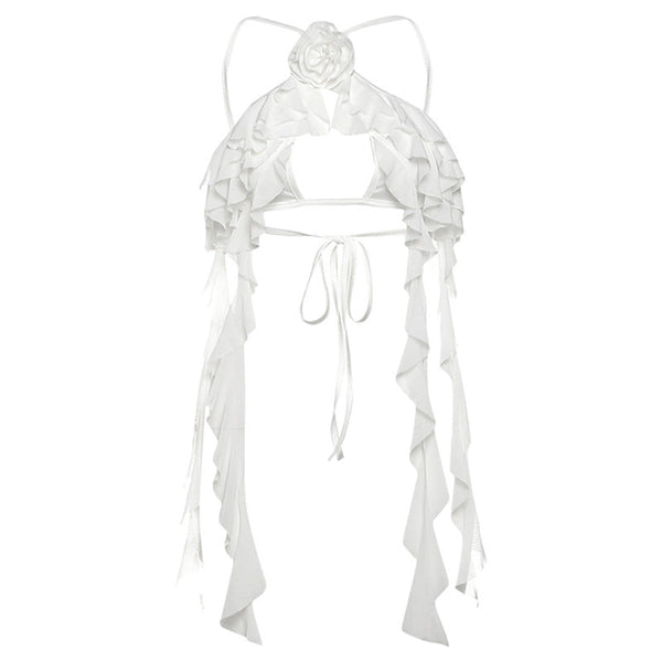 Ruffle flower applique self tie hollow out top
