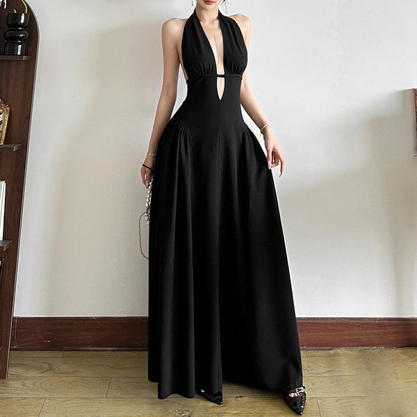 Self tie halter deep v neck hollow out maxi dress