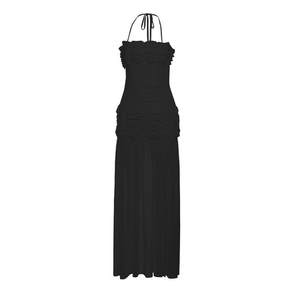 Ruched mesh halter self tie slit maxi dress