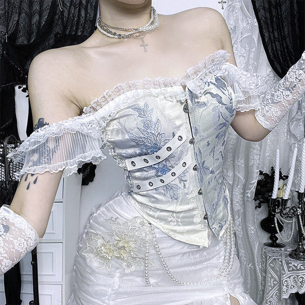 Off shoulder sweetheart neck smocked flower pattern top