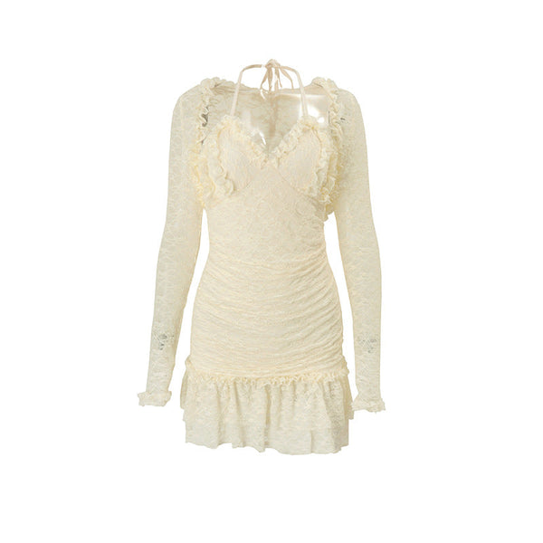Long sleeve halter ruched lace shrug ruffle mini dress