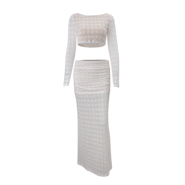 Long sleeve lace crewneck crop maxi skirt set