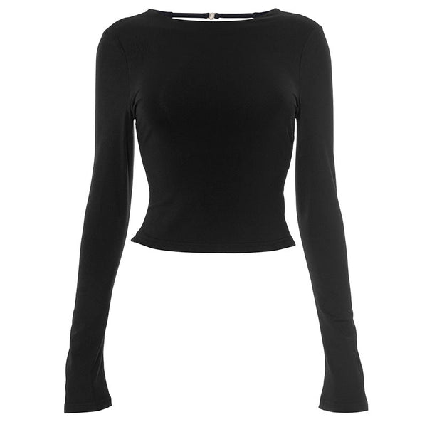 Long sleeve crewneck self tie backless top