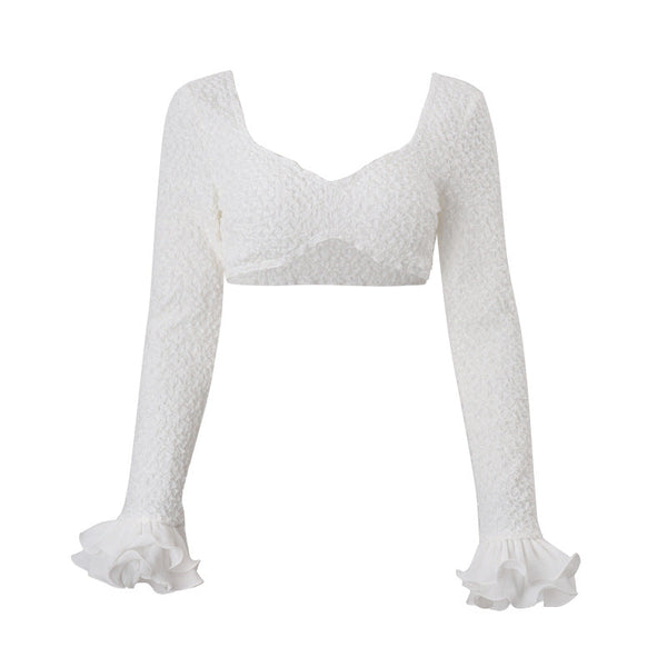 Long sleeve ruffle solid crop top