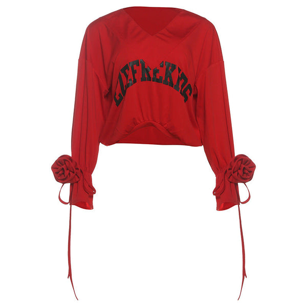 Long sleeve v neck flower applique letter pattern top