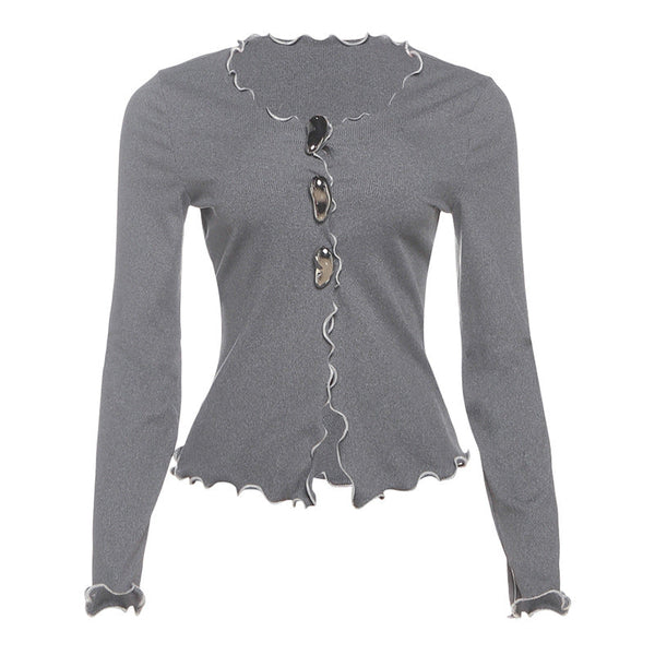 Long sleeve ruffle hollow out solid top