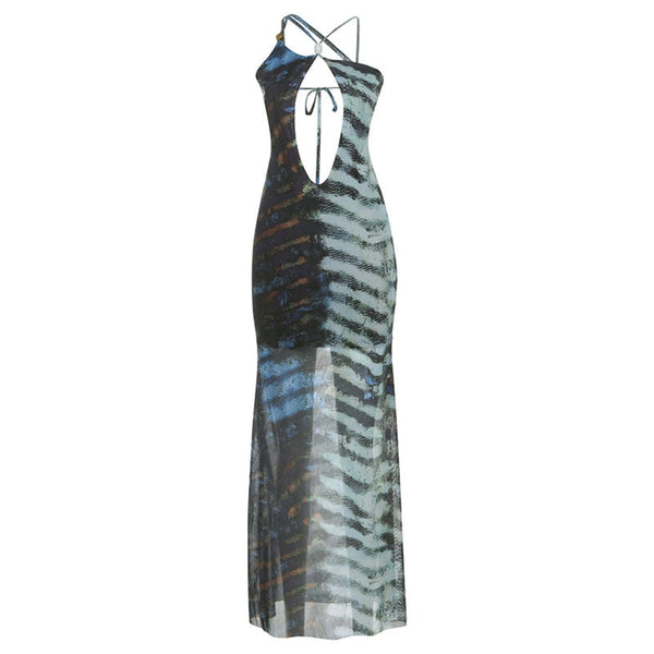 Hollow out self tie mesh irregular print maxi dress