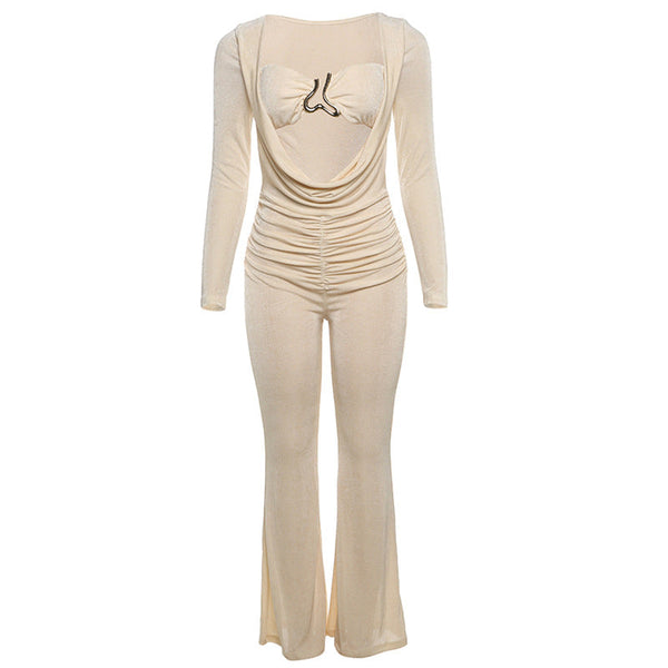Ruched long sleeve solid hollow out jumpsuit