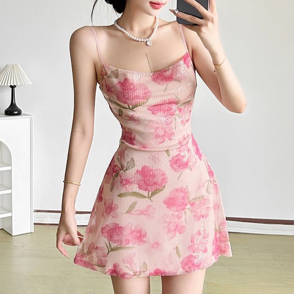 Flower print glitter cami mini dress