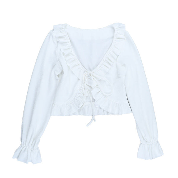 Long flared sleeve v neck ruffle ruched top
