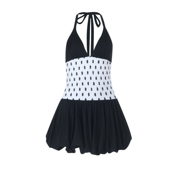 Halter polka dot v neck smocked mini dress
