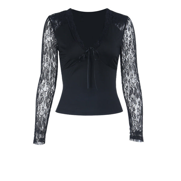Long sleeve lace self tie v neck top