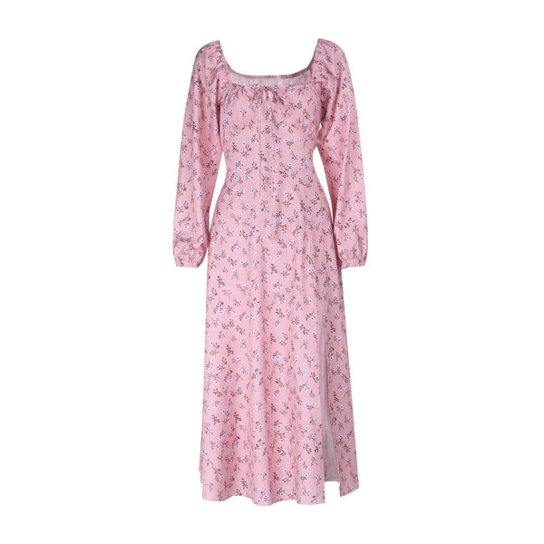 Square neck long sleeve high slit flower print maxi dress