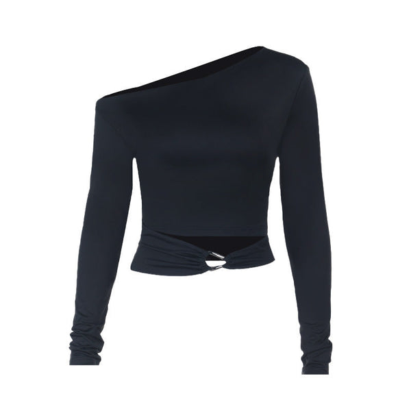 One shoulder long sleeve hollow out ruched top