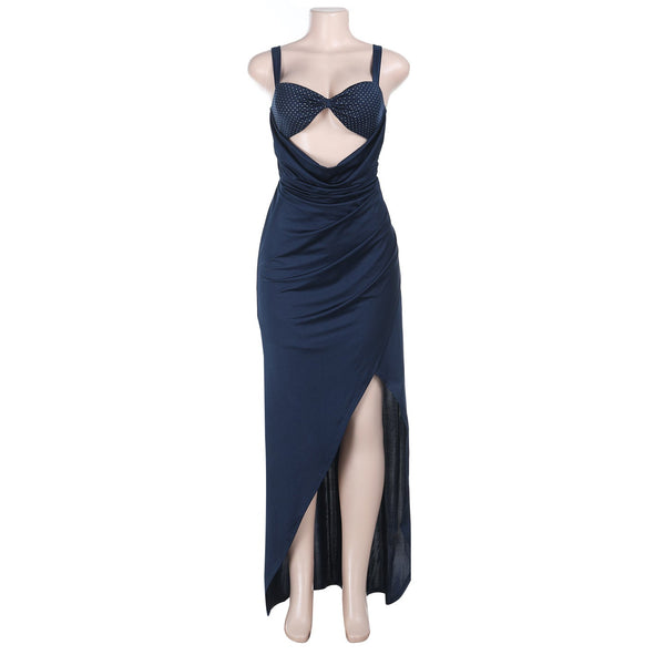 Polka dot hollow out slit ruched cami maxi dress