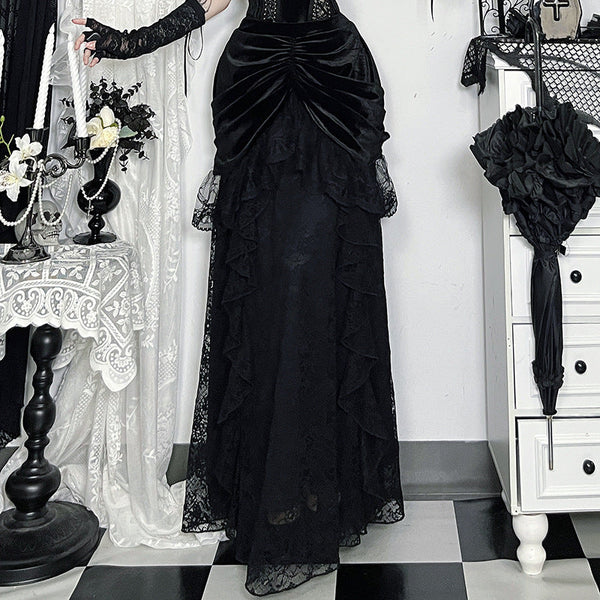 Ruched velvet patchwork lace maxi skirt