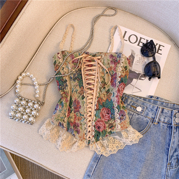 Lace up smocked lace hem flower pattern cami top