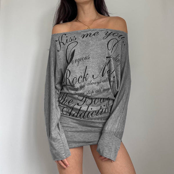 Off shoulder long sleeve letter print ruched mini dress