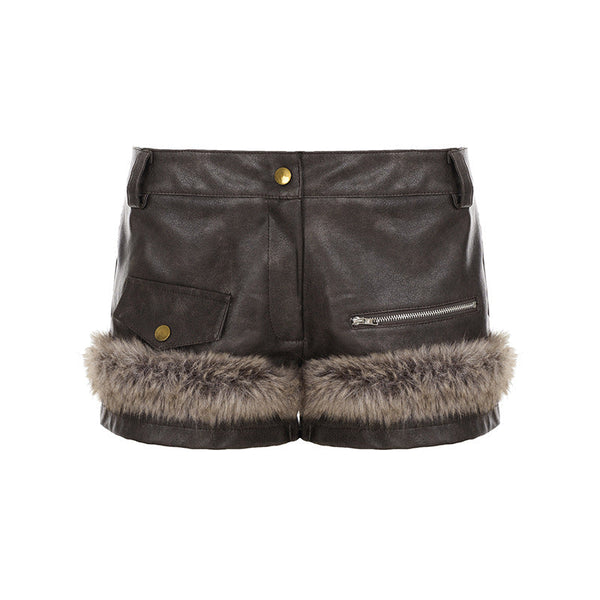 PU leather fluffy zip-up short pant