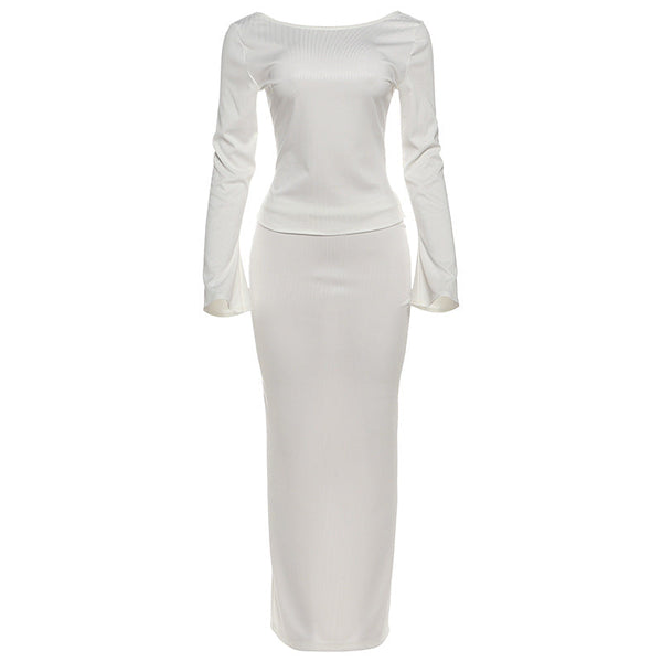 Long sleeve hollow out button maxi skirt set