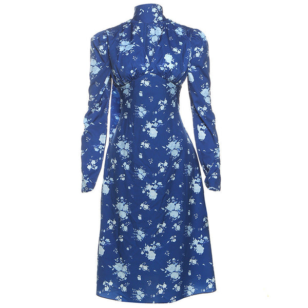 V neck long sleeve flower print midi dress