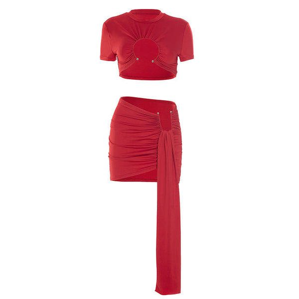 Crewneck solid short sleeve ruched mini skirt set