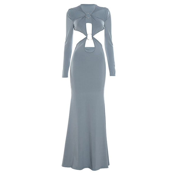 Long sleeve o ring hollow out maxi dress