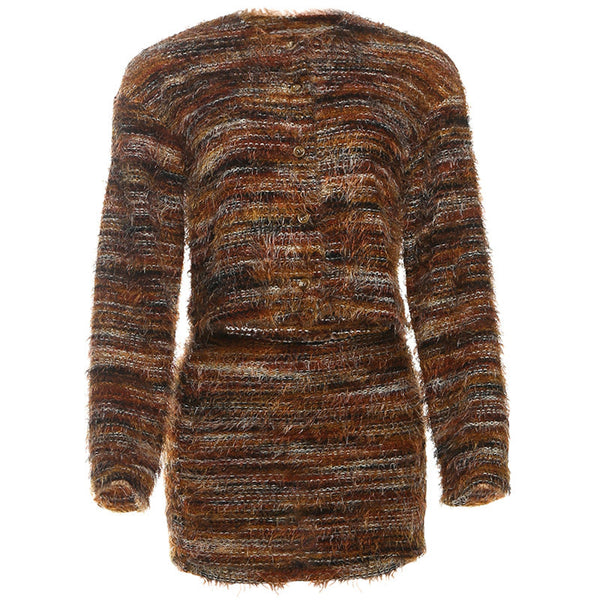 Long sleeve crewneck button fluffy mini skirt set