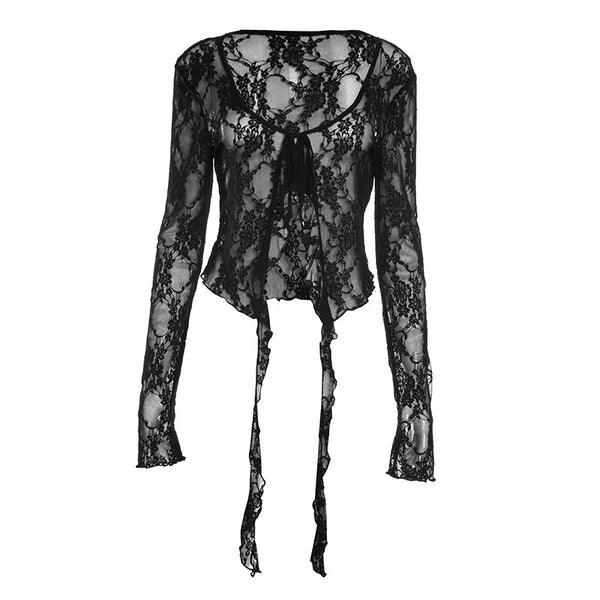 Long sleeve lace ruffle self tie top