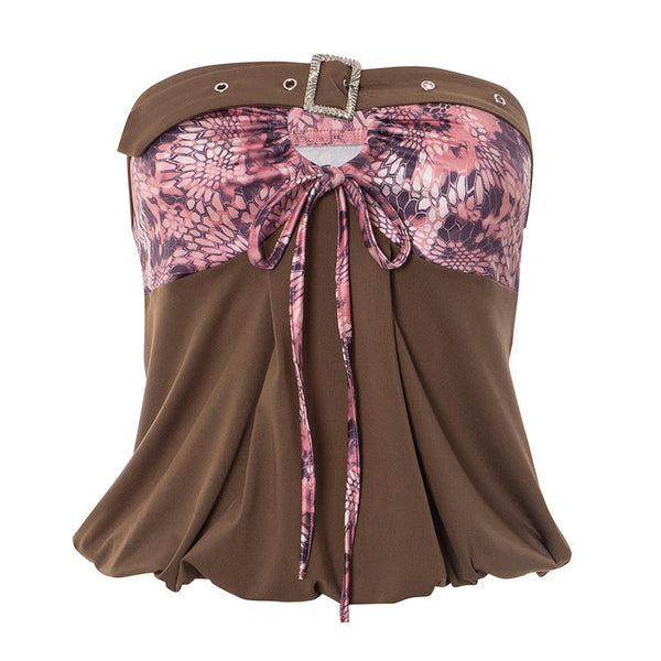 Print hollow out buckle tube top