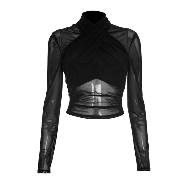 Long sleeve high neck mesh front cross top
