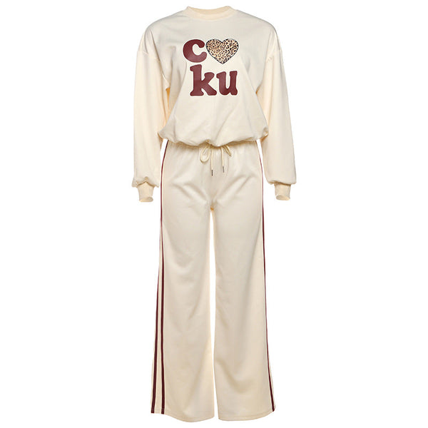 Crewneck long sleeve letter pattern drawstring pant set