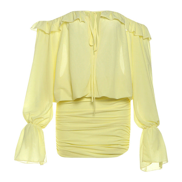 Off shoulder ruched long sleeve self tie mini dress