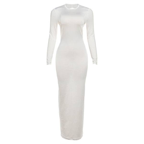 Crewneck long sleeve backless solid maxi dress