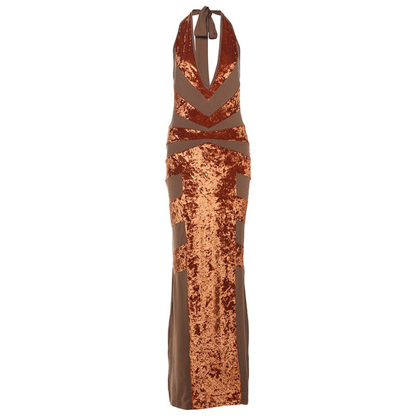 Self tie halter deep v neck patchwork maxi dress