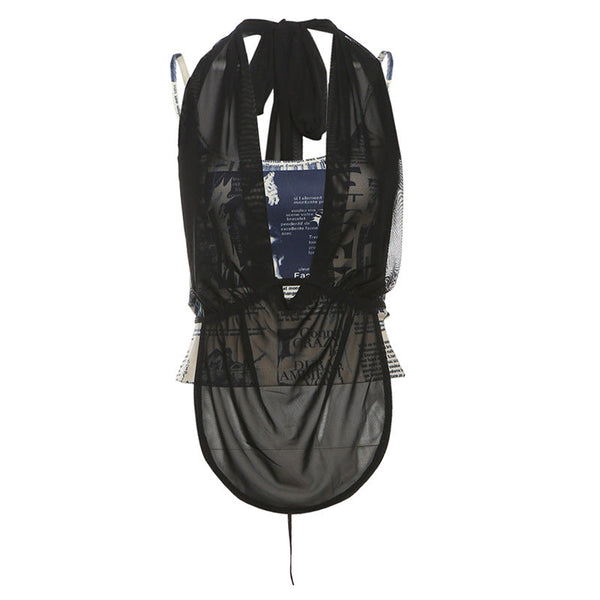 Halter print mesh self tie 2 piece cami top