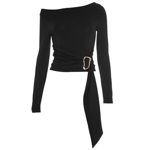 Off shoulder long sleeve ruched solid top