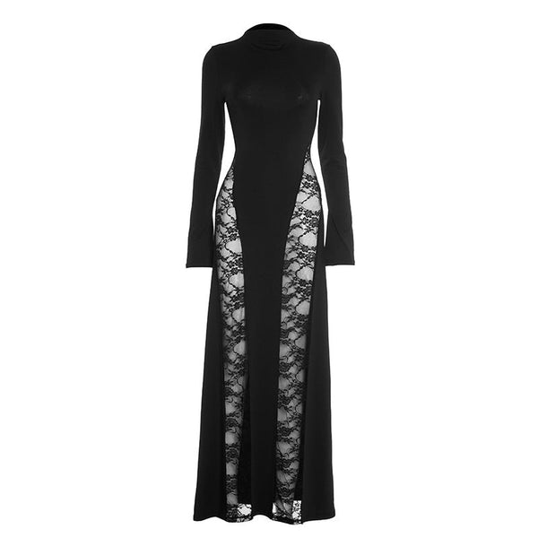 Long sleeve high neck lace patchwork maxi dress