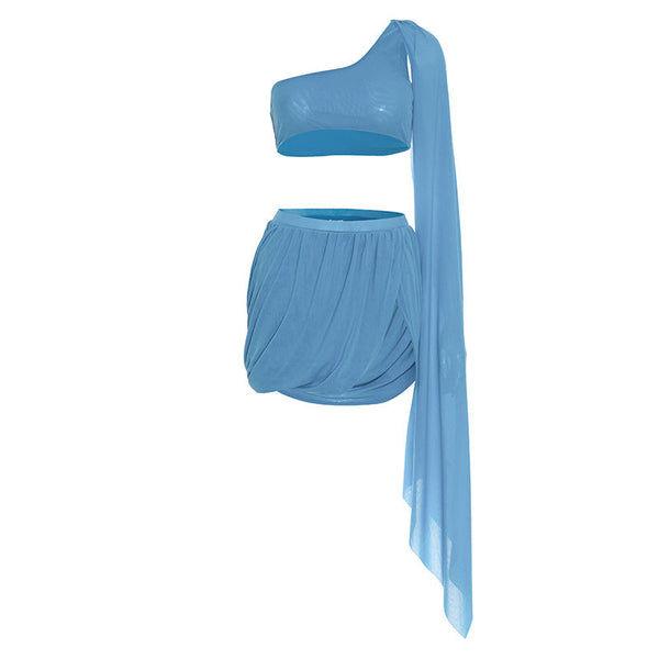 One shoulder slit mini skirt set