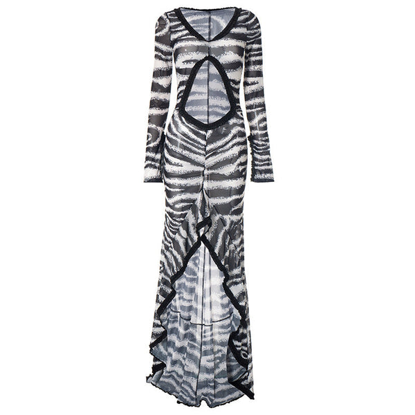 Zebra print hollow out slit ruffle maxi dress