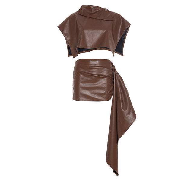 PU leather zip-up ruched irregular mini skirt set