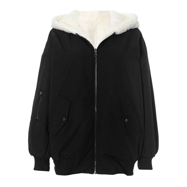 Long sleeve hoodie fluffy 2-way pocket zip-up coat top