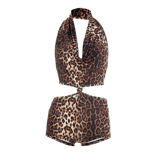 Halter leopard print self tie romper