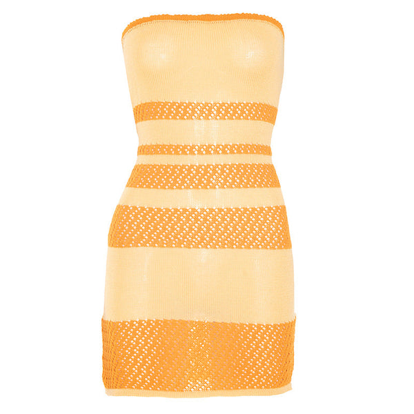 Striped print knitted self tie tube mini dress