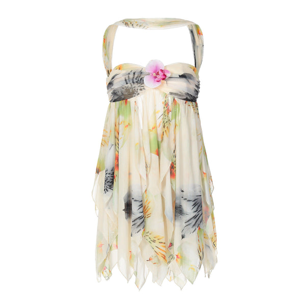 Ruched print flower applique mesh top