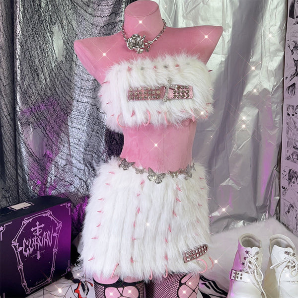 Fluffy rivet applique beaded o ring mini skirt set