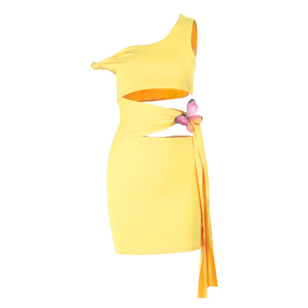 Irregular hollow out butterfly applique mini dress