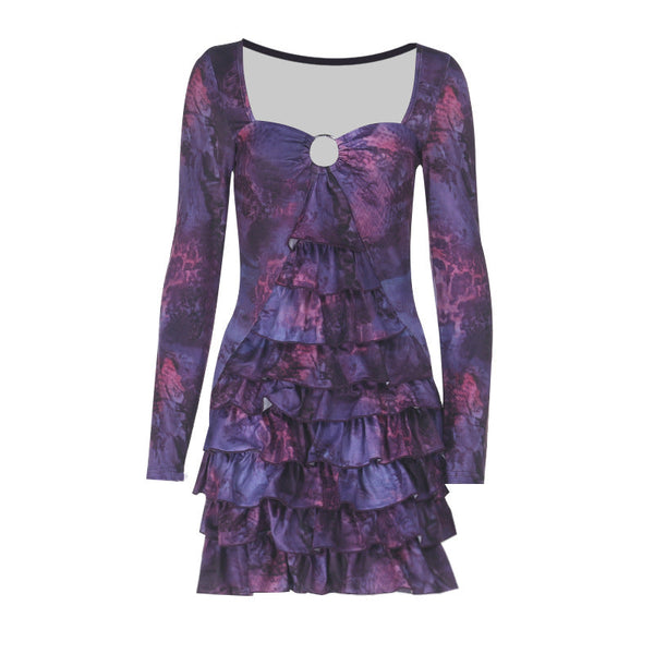 Hollow out o ring long sleeve print ruched mini dress