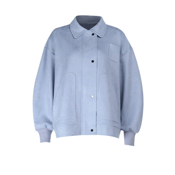 Turnover collar long sleeve zip-up button top